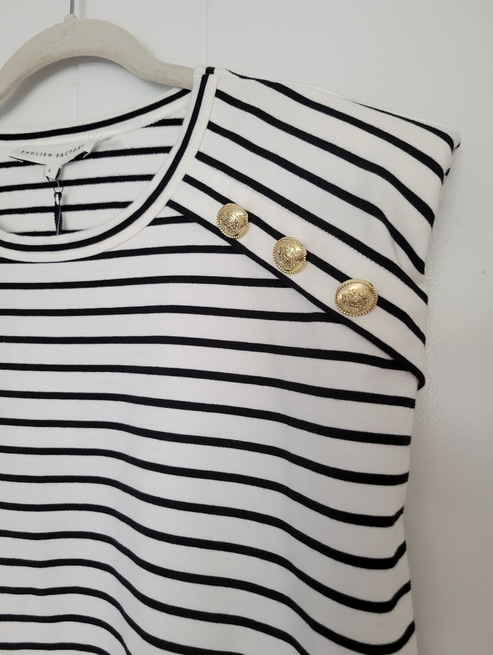 NWT Anthropologie × English Factory Power Shoulder Top Striped Nautical Preppy L - Picture 9 of 14